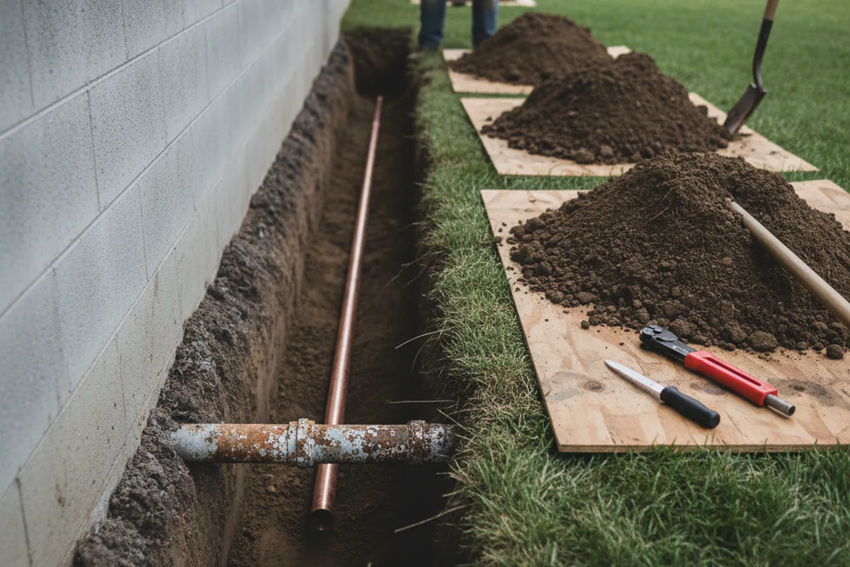 Excavated water line trench during Water Softener Installation in Rawlins